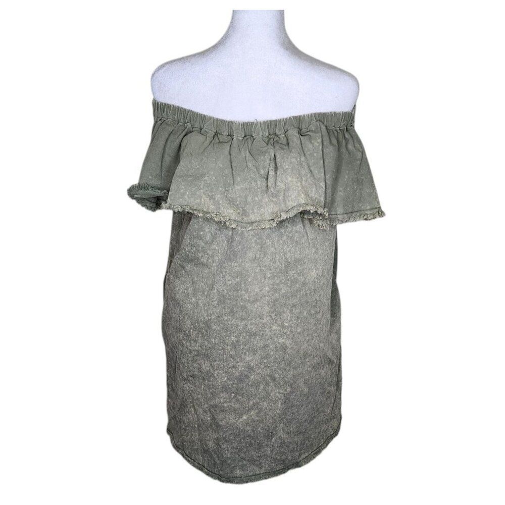 Umgee Off Shoulder Ruffle Denim Mini Dress Womens M Khaki Green